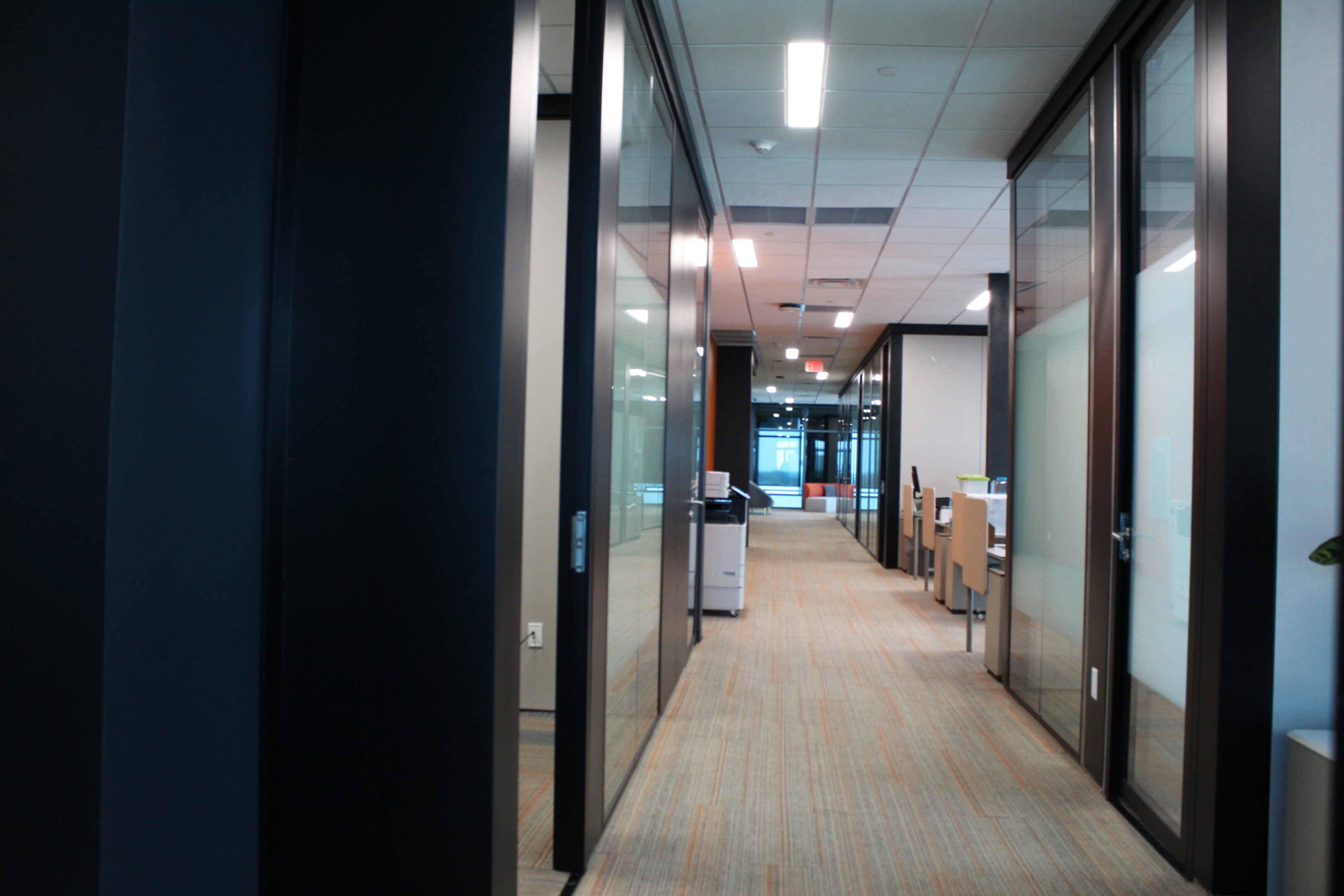 Modern office hallway with glass walls and beige carpet.