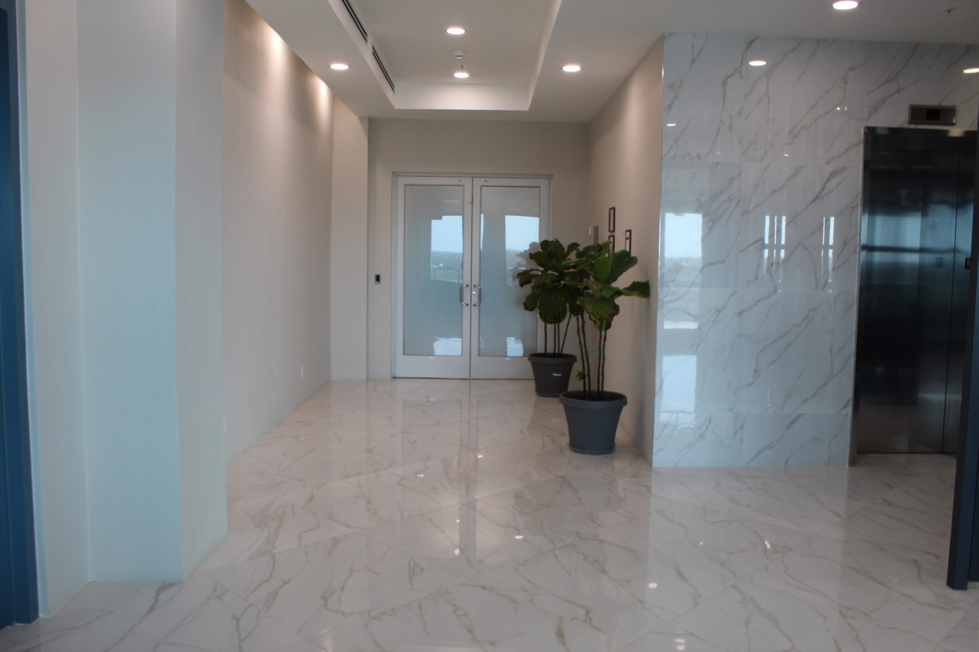 Sleek modern hallway with marble floors and potted plants.